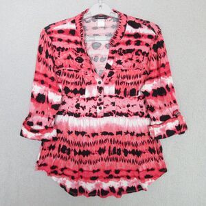 Cocomo Blouse Womens S Pink Tie Dye Tunic Roll Tab Sleeve Button V-Neck